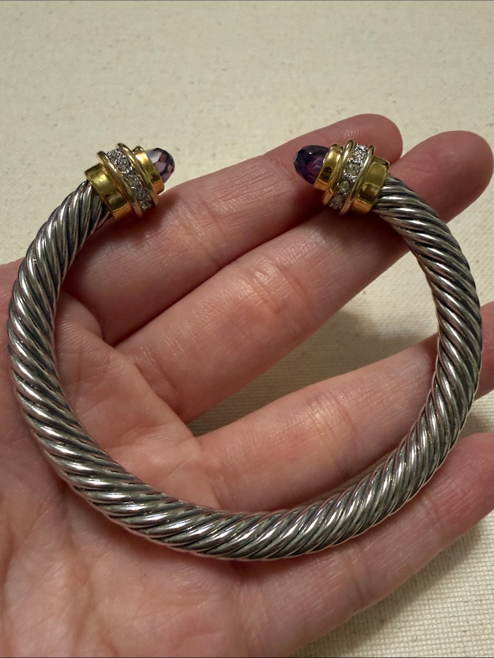 Stunning Sterling Cable Cuff Bracelet with Purple Gem and Gold Accents
